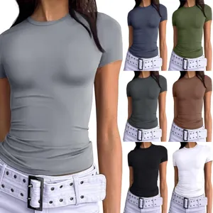 Women Casual Slim Fit Solid Color Short Sleeve T Shirt Basic Crew Neck Milk Silk Fashion Summer Top