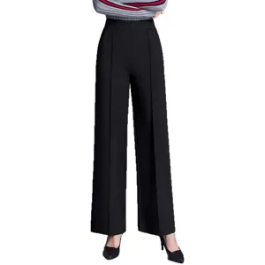 Damen Hochbund Weites Bein Freizeithose Einfarbig Herbst Winter Schwarze Lange Hose