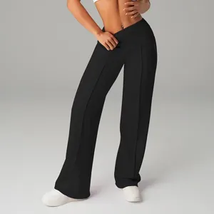 Pantalone svasato a vita alta incrociata da donna, elegante pantalone casual con piega.