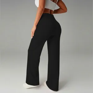 Pantalone casual vita alta incrociata donna drappeggiato elasticizzato gamba larga