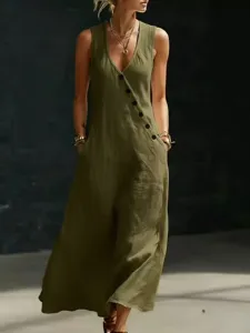 Detailed view of the sleeveless v-neck maxi dress with asymmetric buttons in army green.