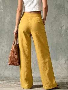 Damen einfarbige Leinen lose lässige High Waist weite Beinhose, bequeme Sommerbekleidung.