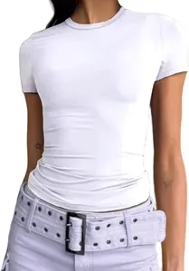 Detail view of a white slim-fit short sleeve top, classic round neck for women casual wear.