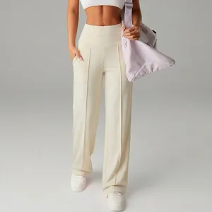 Pantaloni casual a vita alta da donna con piega centrale, drappeggio elegante e comfort.