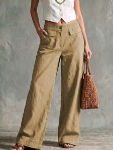 Damen lässige hohe Taille Leinen weites Bein Hose einfarbig lose Cargo Freizeithose Sommer