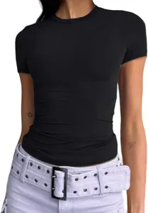 Detailed close-up view showcasing the classic black short sleeve slim fit t-shirt fabric.