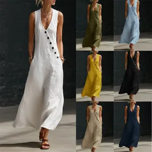 Women's Casual Solid Color V-Neck Single-Breasted Sleeveless Long Dress Loose Summer Beach Vest Maxi Dress Apparel