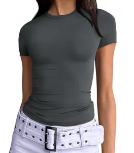 Women summer slim fit solid t-shirt casual round neck basic top apparel.