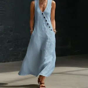 Casual sleeveless V-neck maxi dress with chic side buttons, perfect for summer daily wear.