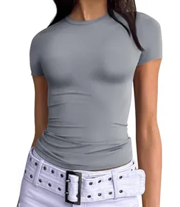 Detail view of a slim-fit solid grey short sleeve t-shirt, modern round neck casual top.