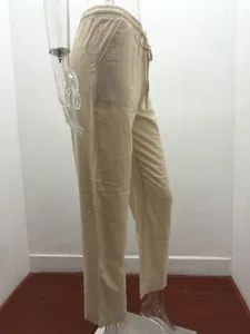 Solid color cotton linen drawstring loose casual wide-leg pants for women summer wear.
