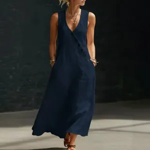 Women's sleeveless V-neck maxi dress casual summer long dress with button details.