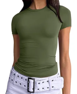 Close-up detail of a solid olive green slim-fit crewneck short-sleeve top showcasing texture.