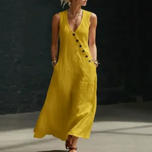 Women casual sleeveless V-neck maxi dress with button front yellow summer long beach dress