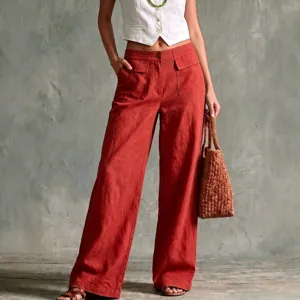 Damen einfarbig Leinen casual weite Hose hohe Taille lose Mode Sommer Hosen