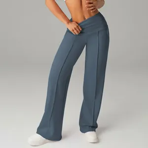 Pantaloni casual a gamba larga a vita alta incrociata da donna, elasticizzati con piega.