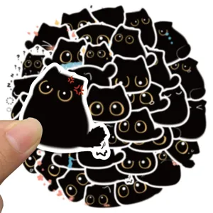 Set d'autocollants imperméables chat noir mignon, décalcomanie dessin animé animal