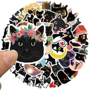 Cute black cat waterproof vinyl stickers set for luggage laptop and guitar decor.