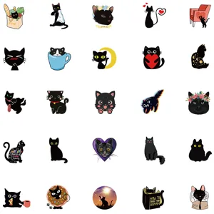 Cute black cat stickers set featuring various lovely and funny illustrations for laptops and luggage.