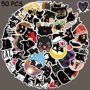 Pack of 50 cute black cat stickers waterproof vinyl decals for laptop luggage guitar case.