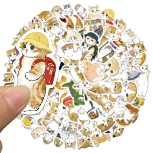 Close-up detail of cute yellow cat waterproof graffiti stickers for DIY decoration notebook.