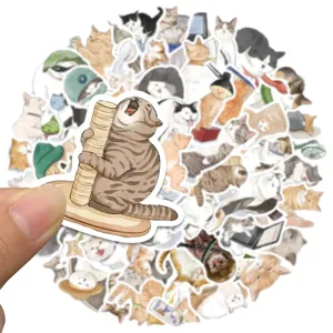 Cute cartoon cat waterproof sticker detail, perfect for decorating laptops and luggage cases.