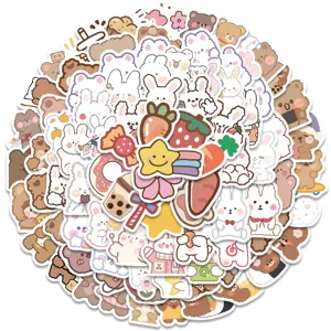 Close up of cute cartoon bear and rabbit stickers pack, perfect for DIY laptop and phone decoration.