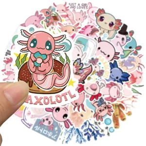 Cute axolotl waterproof sticker pack detail shot, perfect for decorating laptops and luggage.