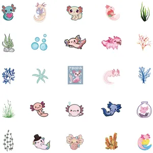 Cute axolotl stickers details, cartoon waterproof decals closeup showing various cute aquatic designs.