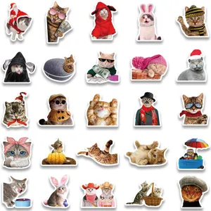 Detailed view of various cute funny cat stickers, waterproof graffiti decals for decoration.