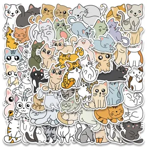 Cute cartoon cat waterproof stickers set details, perfect for laptop and luggage decors.