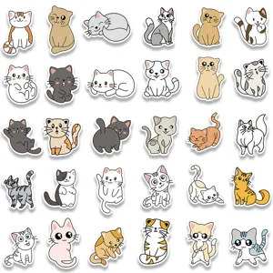 Cute cartoon cat stickers set, waterproof vinyl decals for laptop, luggage, and guitar.