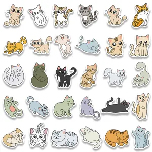 Cute cartoon cat stickers detail view, waterproof graffiti decals for luggage and laptop.