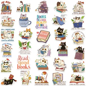 Cute cartoon cat and book stickers waterproof vinyl decals for luggage laptop scrapbooking diy.