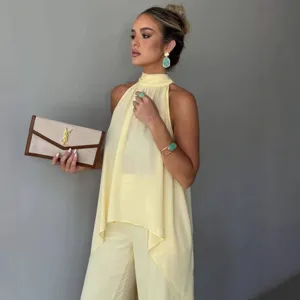 Set estivo casual monocolore senza maniche irregolare top all'americana e pantaloni da donna moda.