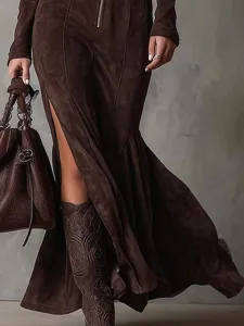 Suede front zip long dress elegant fall fashion apparel stylish brown outfit with high slit