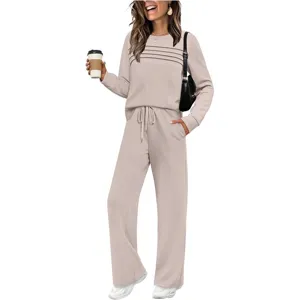 Women casual long sleeve crewneck sweatshirt and wide leg pants loungewear two piece set