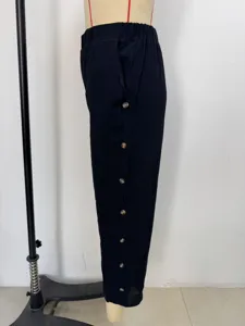Damen Baumwolle Leinen verkürzte Freizeithose, hohe Taille lose Hosen mit seitlichen Knöpfen.