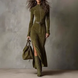 Olive green suede midi dress, mock neck with zipper, long sleeves and high slit detail.