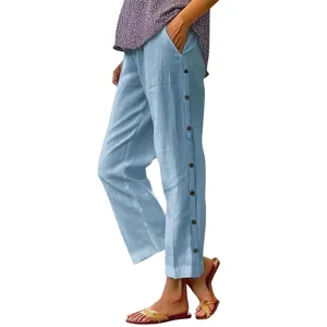 Damen Baumwolle Leinen 7/8 Hose lässig hohe Taille lose Freizeithose mit Seitenknöpfen