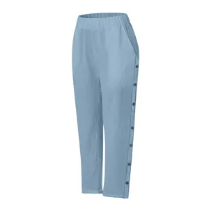 Hellblaue Baumwoll-Leinen Knöchellose Freizeithose mit Knöpfen und hoher Taille.