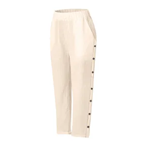 Damen Freizeithose Leinen Optik Knöpfe Seite Knöchellang lockere Hose Detailansicht