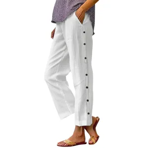Damen weiße Baumwolle Leinen verkürzte Hose mit Knöpfen hohe Taille Freizeithose neu