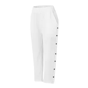 Weisse Baumwoll Leinen 7 8 Freizeithose mit Seitenknöpfen und Taschen Detailansicht.