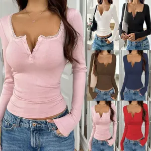 Haut Henley Ajusté pour Femme Col en V Bordure en Dentelle Manches Longues Tricot Côtelé Boutonné Devant Élasthanne Automne Hiver T-Shirt
