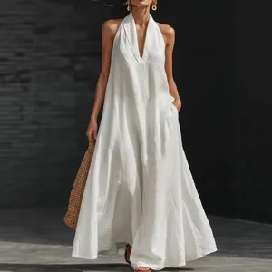 Abito Maxi Casual in Cotone Lino da Donna Collo Halter Collo a V Estate Tinta Unita Senza Maniche Abito Lungo Svasato Abbigliamento per Vacanze al Mare