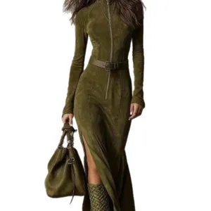 Elegant long sleeve olive green suede maxi dress featuring front zipper and matching belt.