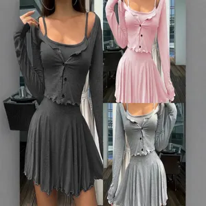 Γυναικείο Vintage Casual Μονόχρωμο Μακρύ Μανίκι Cardigan Outerwear Slip Dress Set Γλυκό Στυλ