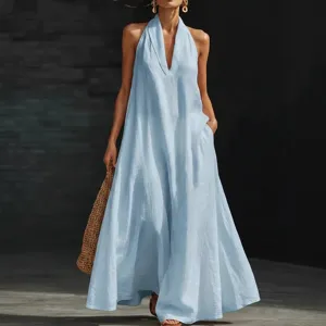Donna casual tinta unita scollo a V halter abito lungo estate elegante senza maniche spiaggia