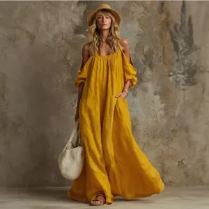 Women Casual Loose Off Shoulder Maxi Dress Vacation Yellow Cotton Linen Long Dress Pocket
